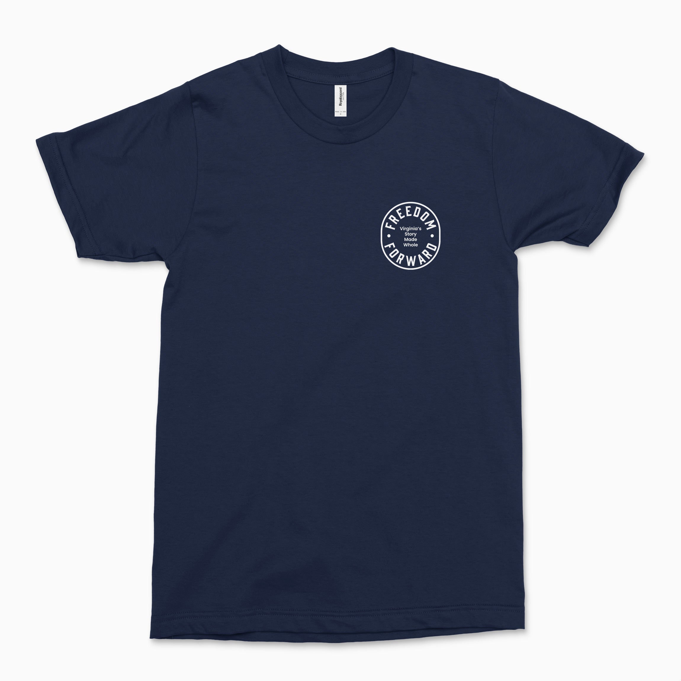 Navy blue short-sleeve crewneck T-shirt with small white circular logo on chest reading "Freedom Forward".